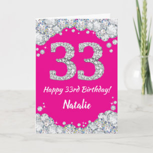 Cartão Feliz 33º Aniversário Glitter de Prata Rosa Quente