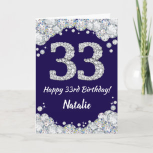 Cartão Feliz 33º aniversário Marinho Azul e Silver Glitte