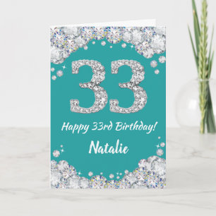 Cartão Feliz 33.º Aniversário, Teal e Silver Glitter Card
