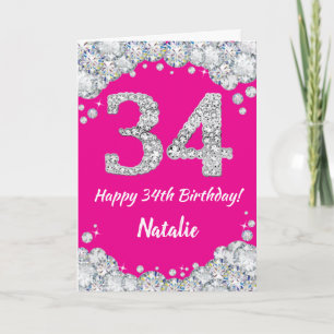 Cartão Feliz 34º aniversário, rosa quente e brilho pratea