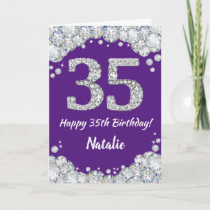 Cartão Feliz 35.º aniversário, Roxo e Placa Leve Prateada