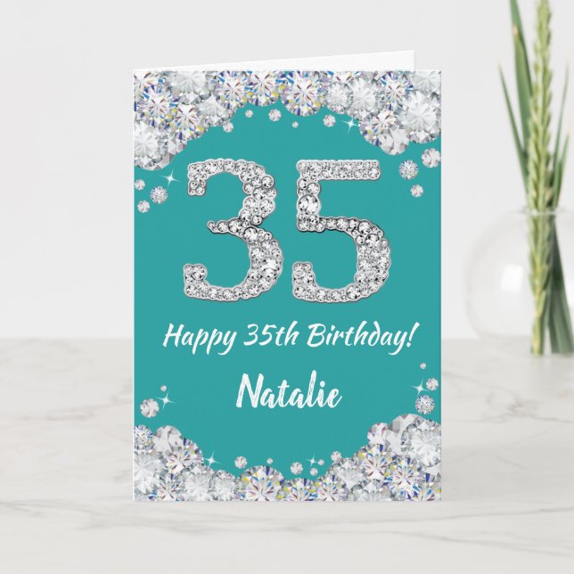 Cartão Feliz 35.º Aniversário, Teal e Silver Glitter Card (Frente)