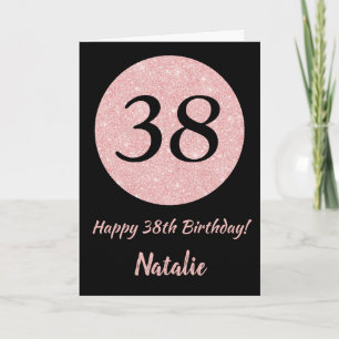 Cartão Feliz 38º aniversário, preto e Rosa rosa Dourado