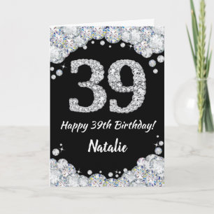 Cartão Feliz 39.º aniversário, Black and Silver Glitter C