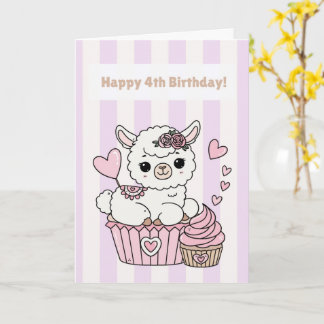 Cartão Feliz 4º Aniversário Carta de Llama Fofa Menina