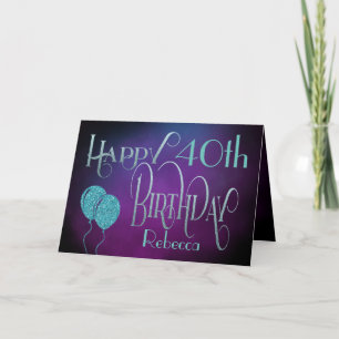 Cartão Feliz 40º Nome Purple Teal Watercolor Aniversári