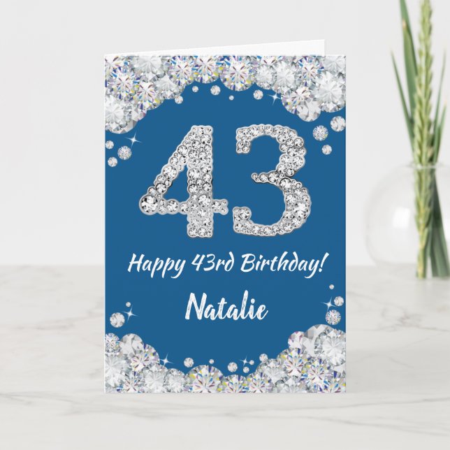 Cartão Feliz 43º Aniversário, Azul e Silver Glitter Card (Frente)