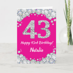 Cartão Feliz 43º aniversário, rosa quente e brilho prat