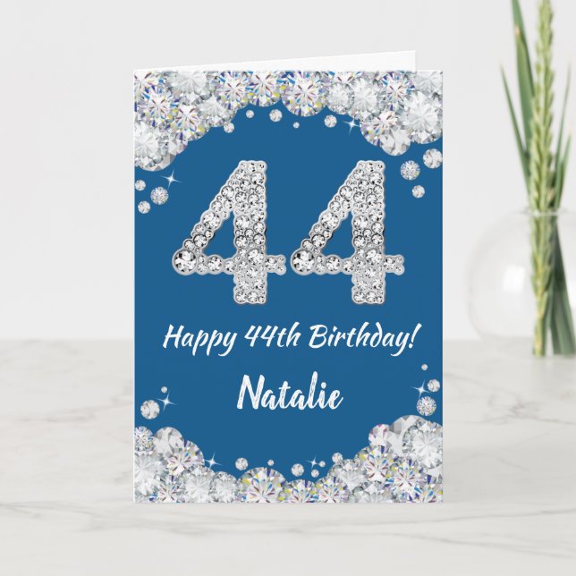Cartão Feliz 44 Birthday Blue e Silver Glitcard (Frente)