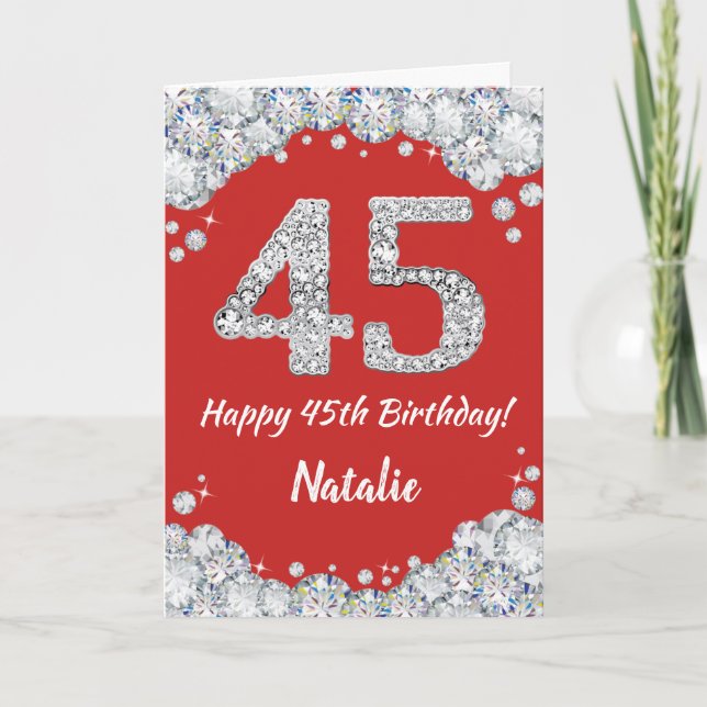 Cartão Feliz 45º aniversário, Red e Silver Glitter Card (Frente)