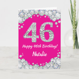 Cartão Feliz 46º aniversário, rosa quente e brilho pratea