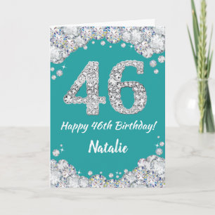 Cartão Feliz 46.º Aniversário, Teal e Silver Glitter Card