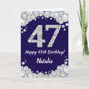 Cartão Feliz 47º aniversário Marinho Azul e Silver Glitte