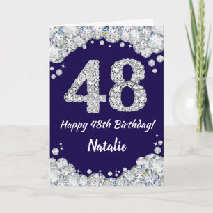 Cartão Feliz 48º aniversário Marinho Azul e Silver Glit
