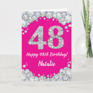 Cartão Feliz 48º aniversário, rosa quente e brilho pratea