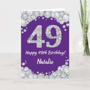 Cartão Feliz 49.º aniversário, Roxo e Placa Leve Pratea