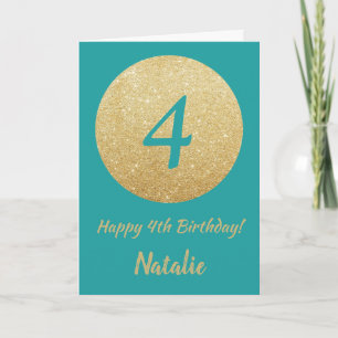 Cartão Feliz 4.º Aniversário do Teal e Dourada Glitter Ca