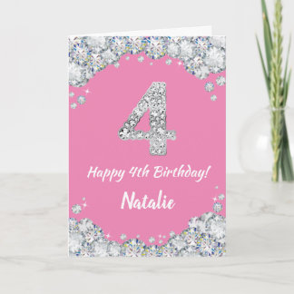 Cartão Feliz 4.º Aniversário, Rosa e Silver Glitter Card