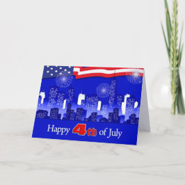 Cartão Feliz 4 de julho. Paisagem digital e fogos de arti