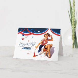 Cartão Feliz 4 de julho. Placas de Design pino-up de vint