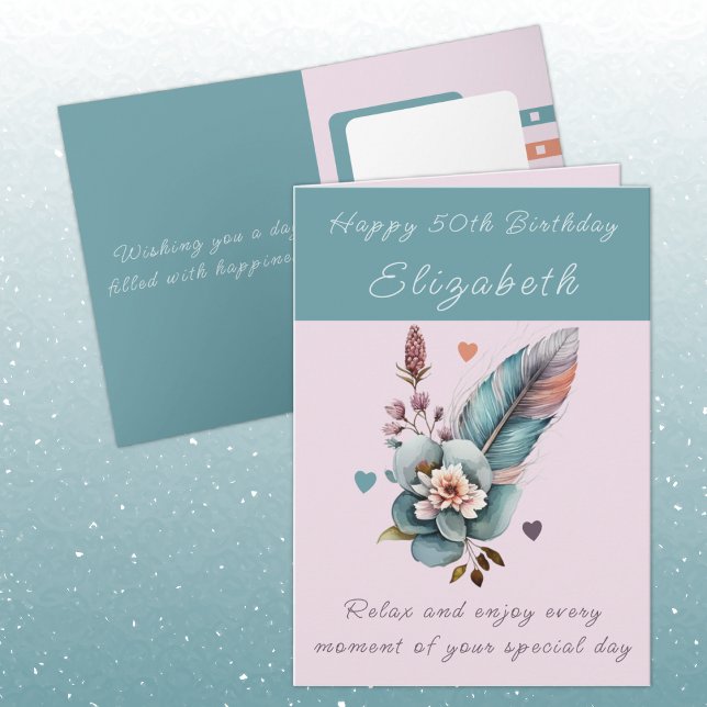Cartão Feliz 50º aniversário adicione nome verde floral (Criador carregado)
