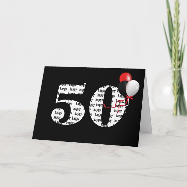 Cartão Feliz 50º aniversário de preto com balões (Frente)