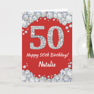 Cartão Feliz 50º aniversário, Red e Silver Glitter Card