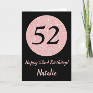 Cartão Feliz 52º Aniversário, Preto e Rosa Rosa Dourado