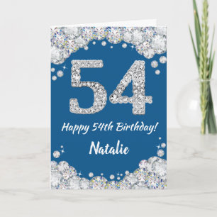 Cartão Feliz 54.º Aniversário, Azul e Silver Glitter Card