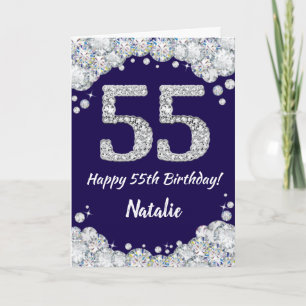 Cartão Feliz 55º aniversário Marinho Azul e Silver Glit
