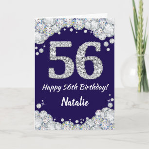 Cartão Feliz 56º aniversário Marinho Azul e Silver Glitte