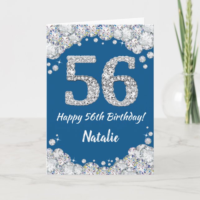 Cartão Feliz 56.º Aniversário, Azul e Silver Glitter Card (Frente)