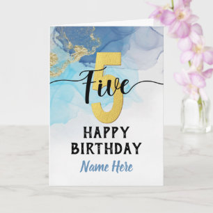 Cartão Feliz 5 Aniversário Aquarela Azul e Ouro