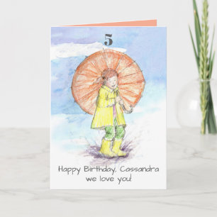 Cartão Feliz 5 Birthday Girl Umbrella Nome personalizado