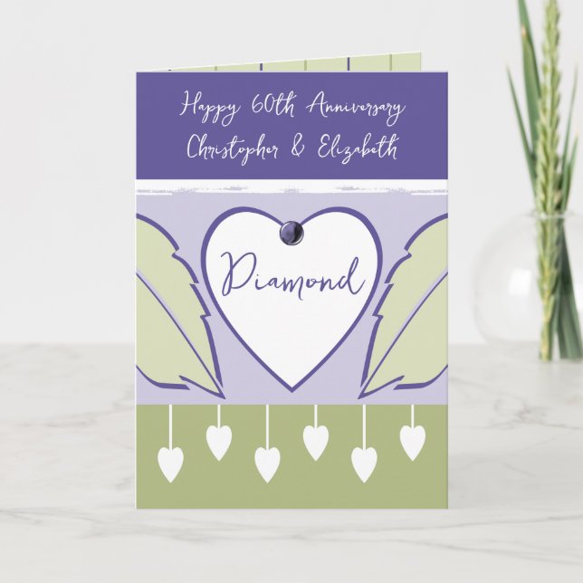 Cartão Feliz 60º aniversário adiciona nomes roxos verdes (Frente)
