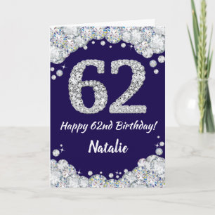 Cartão Feliz 62º aniversário Marinho Azul e Silver Glitte