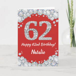 Cartão Feliz 62º Aniversário, Red e Silver Glitter Card