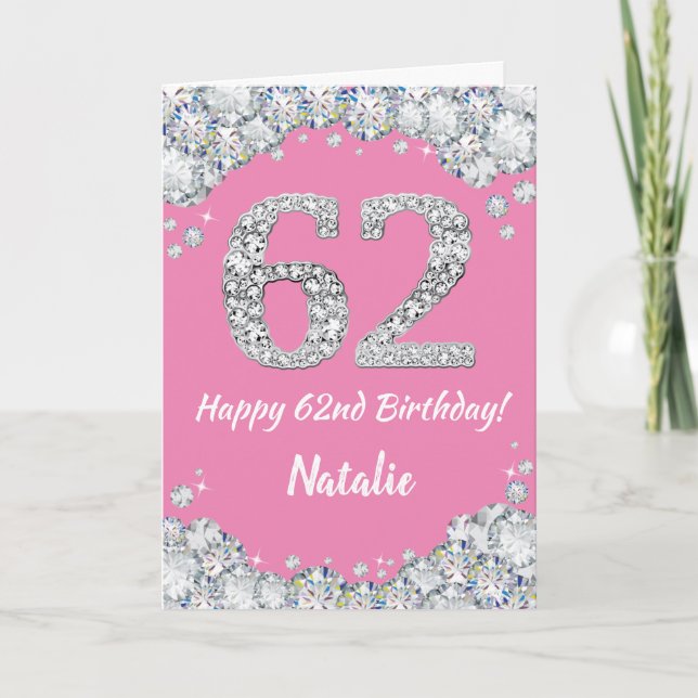 Cartão Feliz 62º Aniversário, Rosa e Silver Glitter Card (Frente)