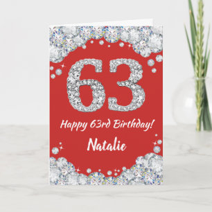 Cartão Feliz 63º Aniversário, Vermelho e Silver Glitter C
