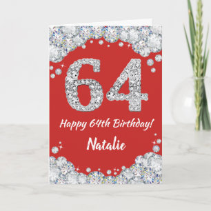Cartão Feliz 64.º Aniversário, Red e Silver Glitter Card