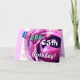 Cartão FELIZ 65.º ANIVERSÁRIO com rosa rosa e flor azul