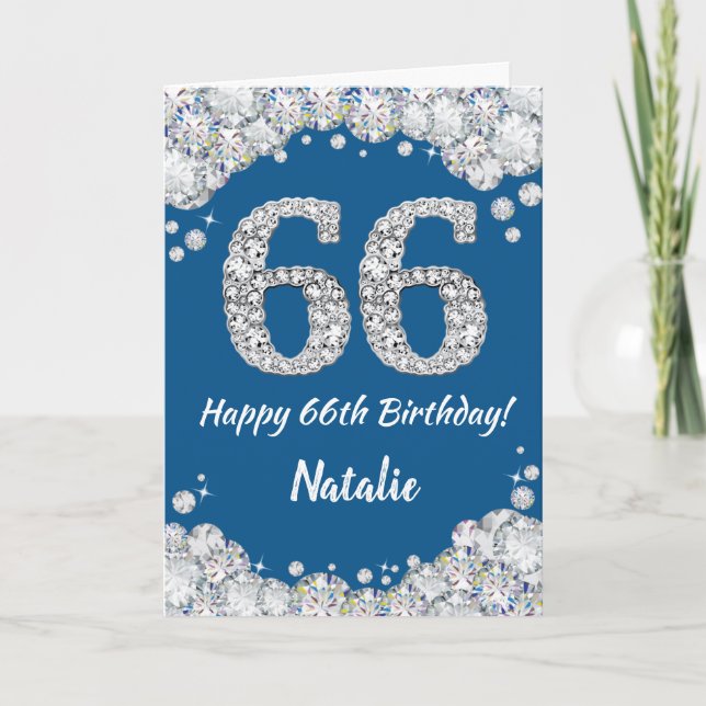 Cartão Feliz 66.º Aniversário, Azul e Silver Glitter Card (Frente)