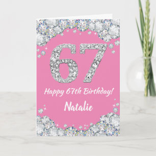 Cartão Feliz 67º aniversário, rosa e prata