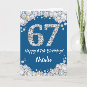 Cartão Feliz 67.º Aniversário, Azul e Silver Glitter Card