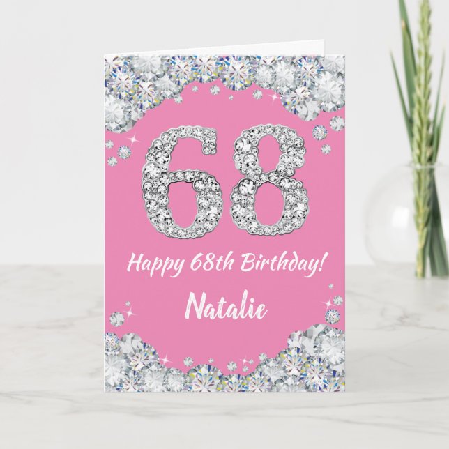 Cartão Feliz 68º aniversário, rosa e prata (Frente)