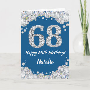 Cartão Feliz 68.º aniversário - Azul e Silver Glitter C