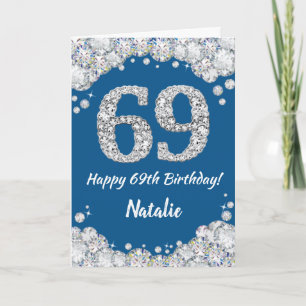 Cartão Feliz 69º Aniversário, Azul e Silver Glitter Card