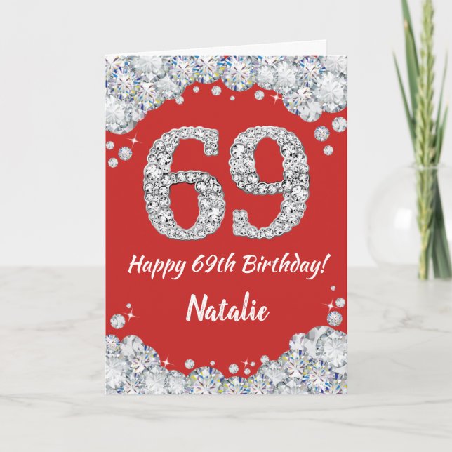 Cartão Feliz 69º aniversário, Red e Silver Glitter Card (Frente)