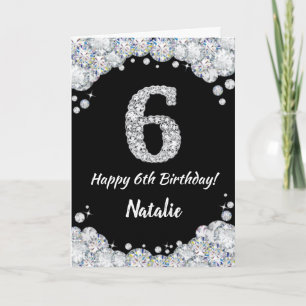 Cartão Feliz 6 Aniversário Negro e Silver Gliter Card