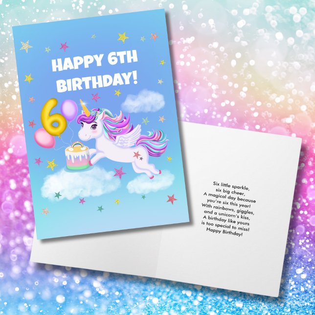 Cartão Feliz 6 Birthday Unicorn com Bolo de Aniversário (Criador carregado)